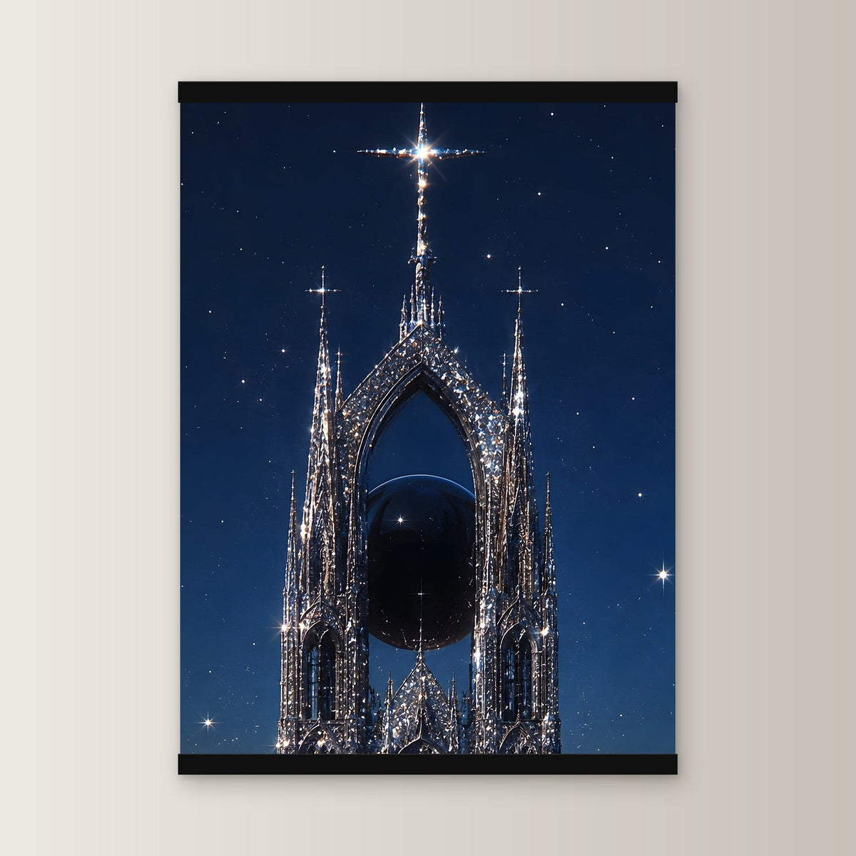 Die Sternenkathedrale als Poster mit schwarzer Holzleiste, gerade von vorn an heller Wand