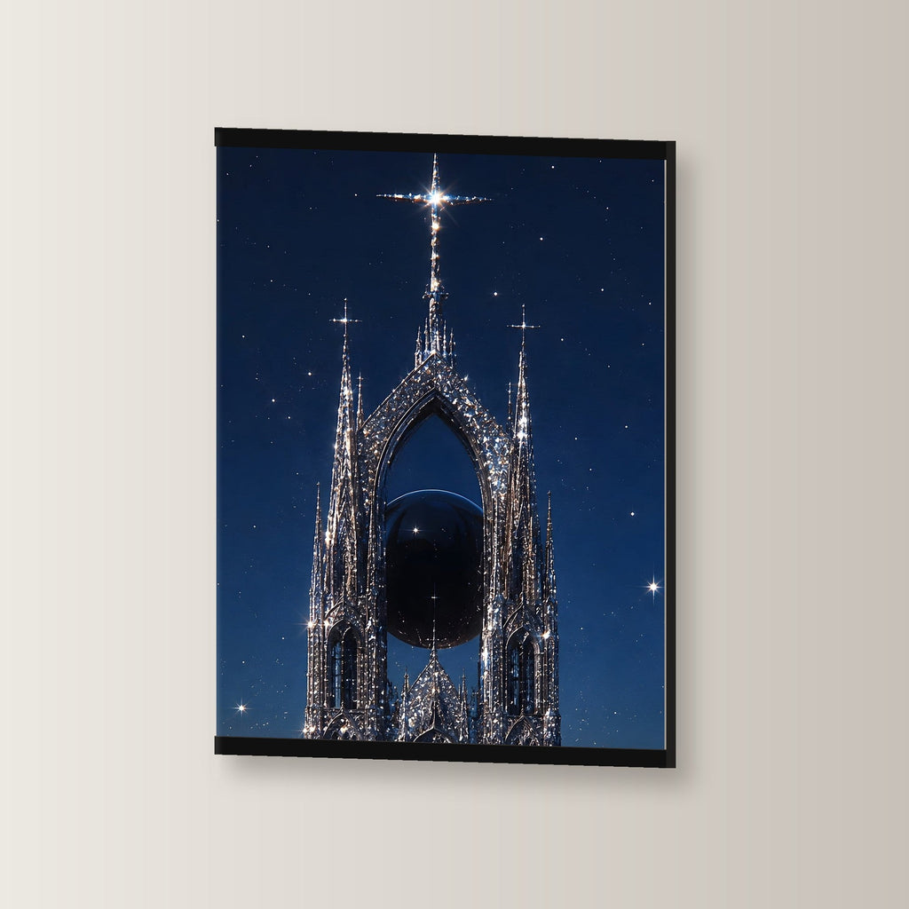 Die Sternenkathedrale als Poster mit schwarzer Holzleiste, leicht gedreht an der Wand fotografiert