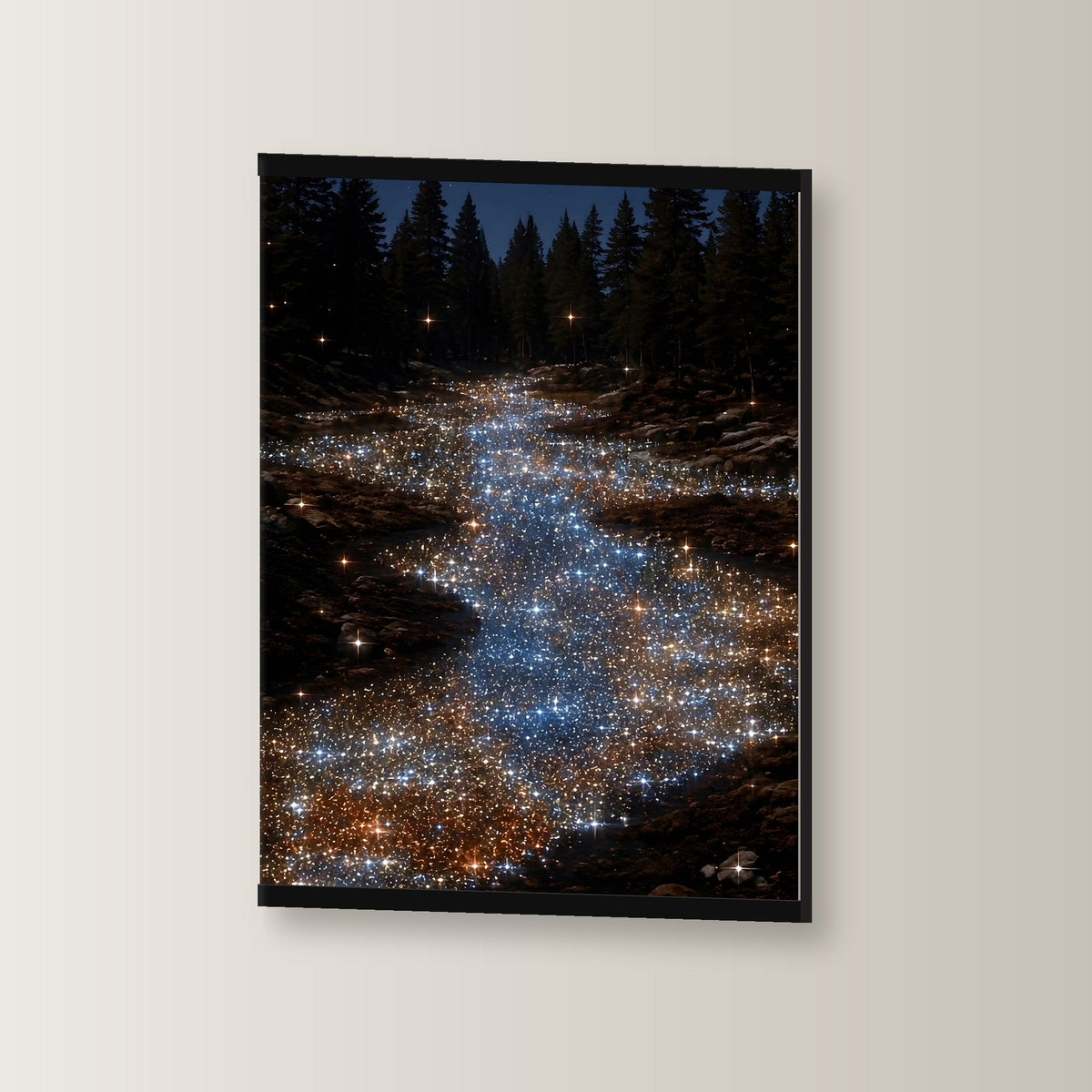 Sternenfluss als Poster mit schwarzer Holzleiste, leicht gedreht an der Wand fotografiert