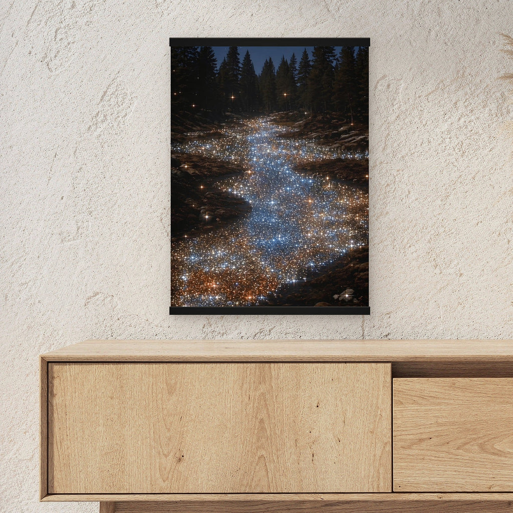 Sternenfluss als Poster mit schwarzer Holzleiste ueber einem Sideboard, zeigt die Groesse im Raum