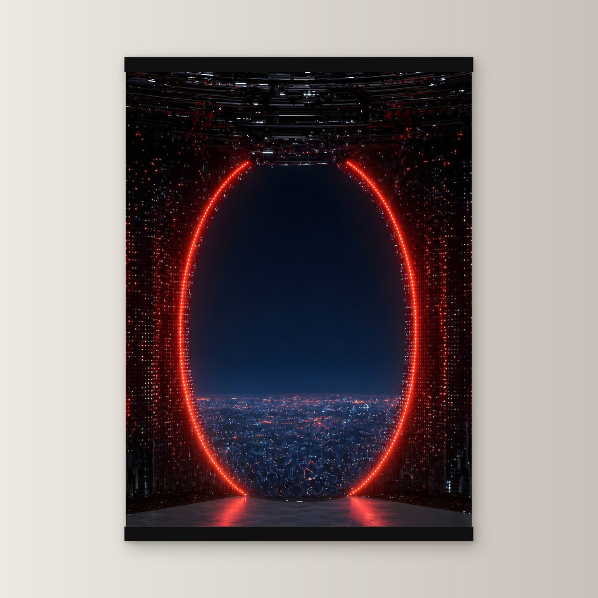 Das rote Tor als Poster mit schwarzer Holzleiste, gerade von vorn an heller Wand