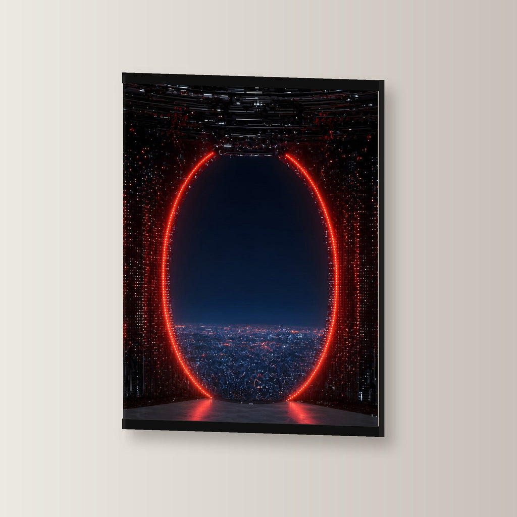 Das rote Tor als Poster mit schwarzer Holzleiste, leicht gedreht an der Wand fotografiert