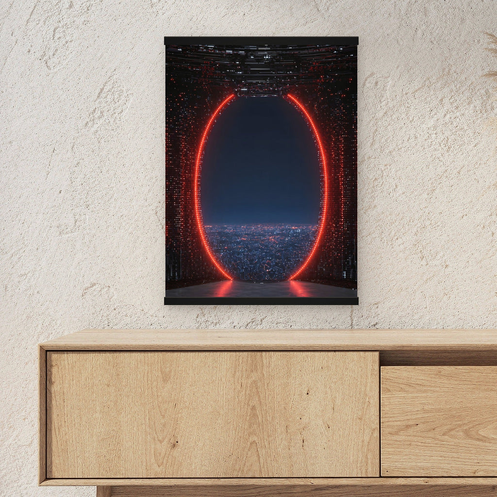 Das rote Tor als Poster mit schwarzer Holzleiste ueber einem Sideboard, zeigt die Groesse im Raum