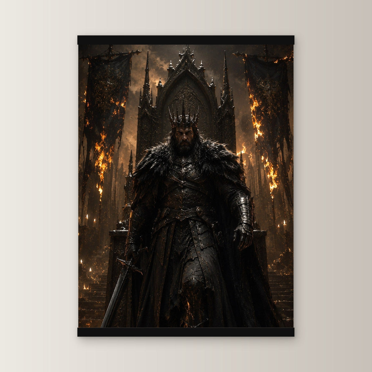 Der Flammenkönig als Poster mit schwarzer Holzleiste, gerade von vorn an heller Wand