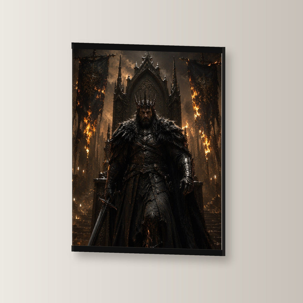 Der Flammenkönig als Poster mit schwarzer Holzleiste, leicht gedreht an der Wand fotografiert