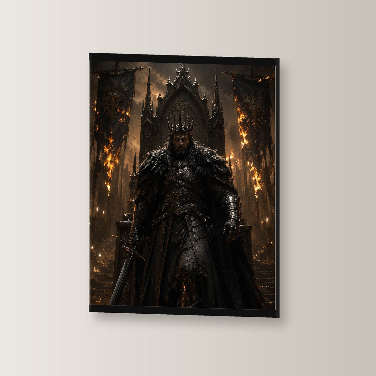 Der Flammenkönig als Poster mit schwarzer Holzleiste, leicht gedreht an der Wand fotografiert