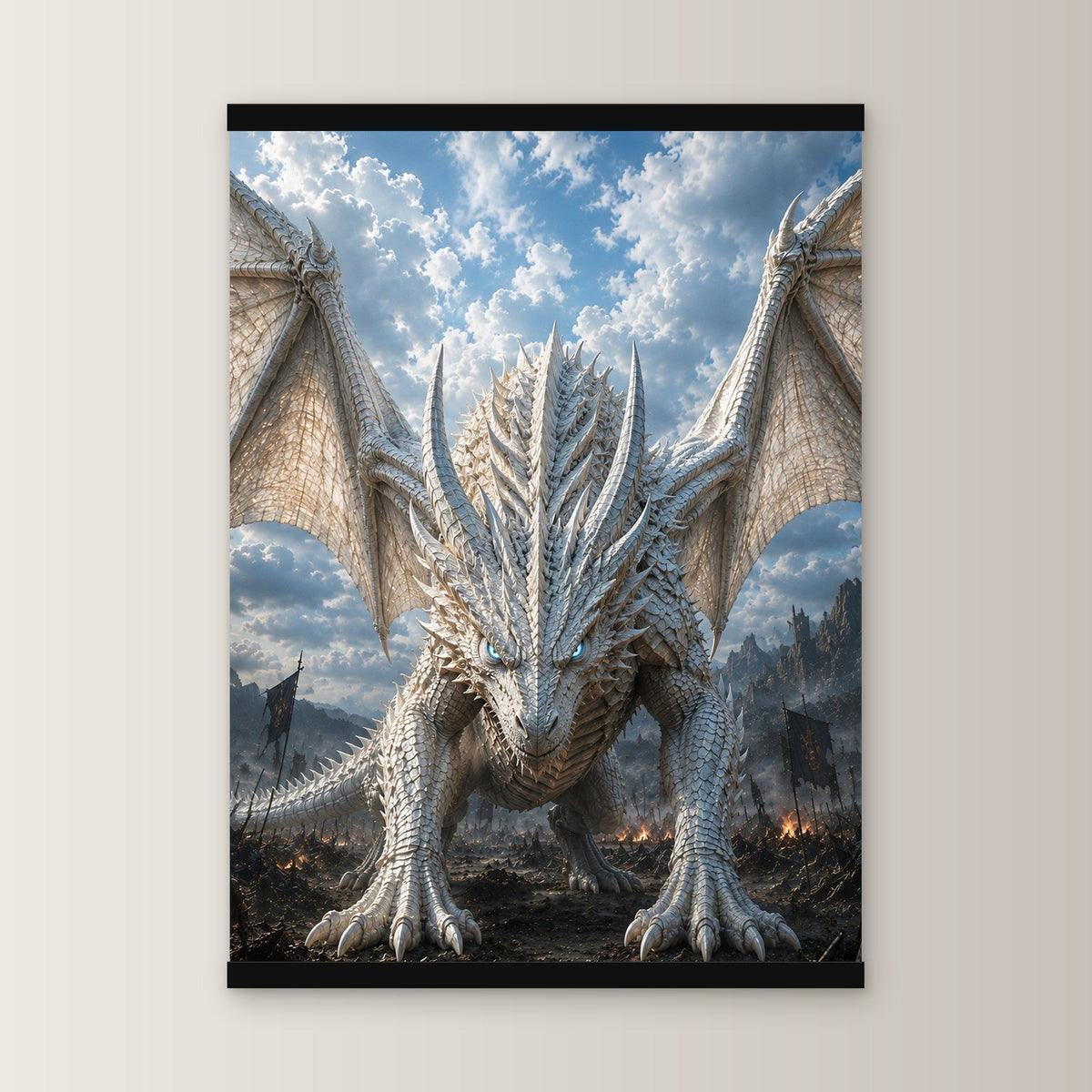 Der Frostwächter als Poster mit schwarzer Holzleiste, gerade von vorn an heller Wand