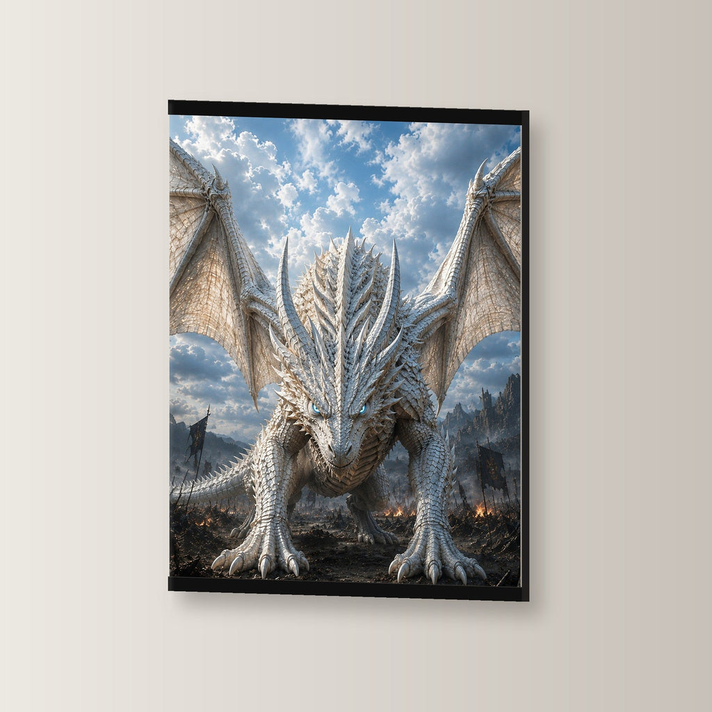 Der Frostwächter als Poster mit schwarzer Holzleiste, leicht gedreht an der Wand fotografiert