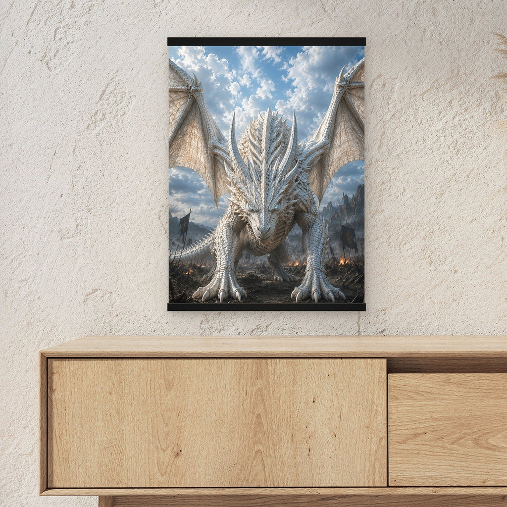 Der Frostwächter als Poster mit schwarzer Holzleiste ueber einem Sideboard, zeigt die Groesse im Raum