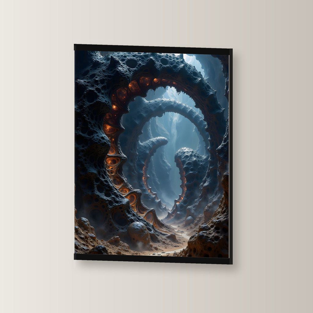 Der Feuerschlund als Poster mit schwarzer Holzleiste, leicht gedreht an der Wand fotografiert