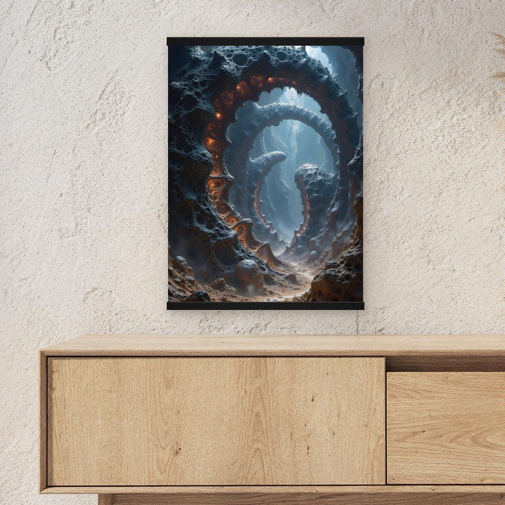Der Feuerschlund als Poster mit schwarzer Holzleiste ueber einem Sideboard, zeigt die Groesse im Raum