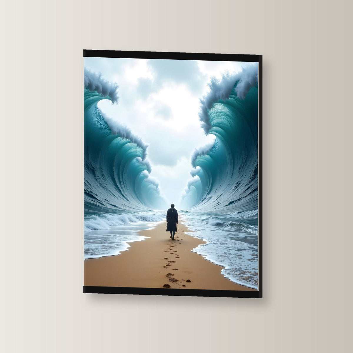 Der Gang durch die Flut als Poster mit schwarzer Holzleiste, leicht gedreht an der Wand fotografiert