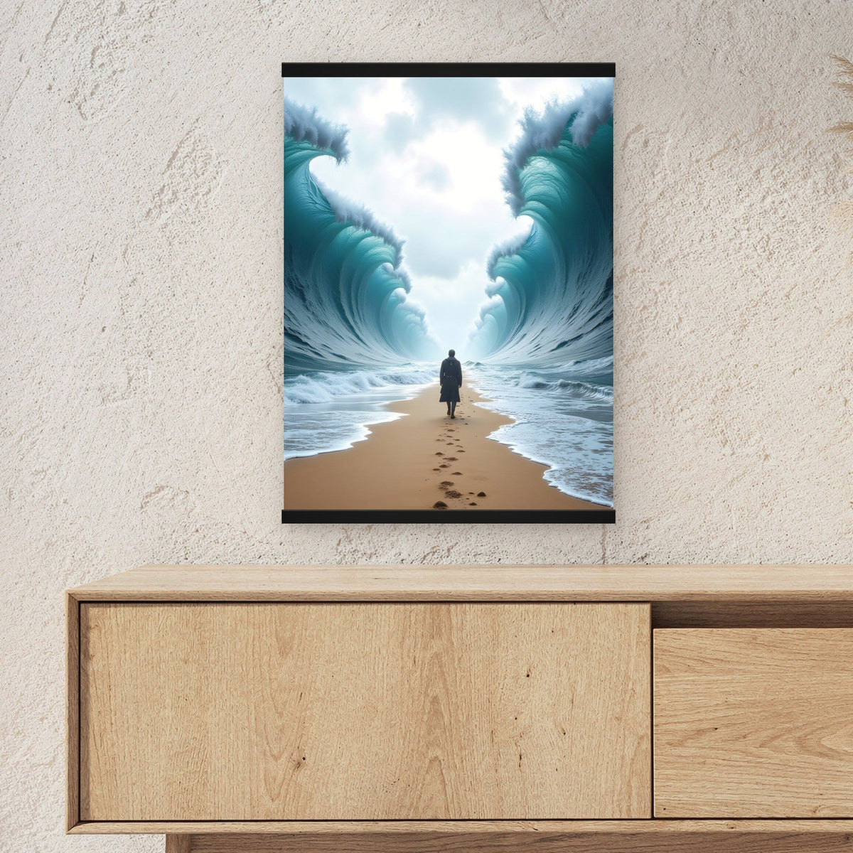 Der Gang durch die Flut als Poster mit schwarzer Holzleiste ueber einem Sideboard, zeigt die Groesse im Raum