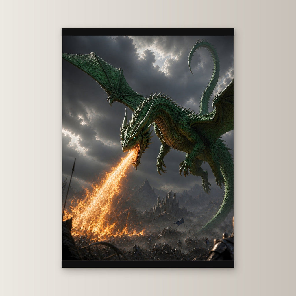 Grünfeuer als Poster mit schwarzer Holzleiste, gerade von vorn an heller Wand