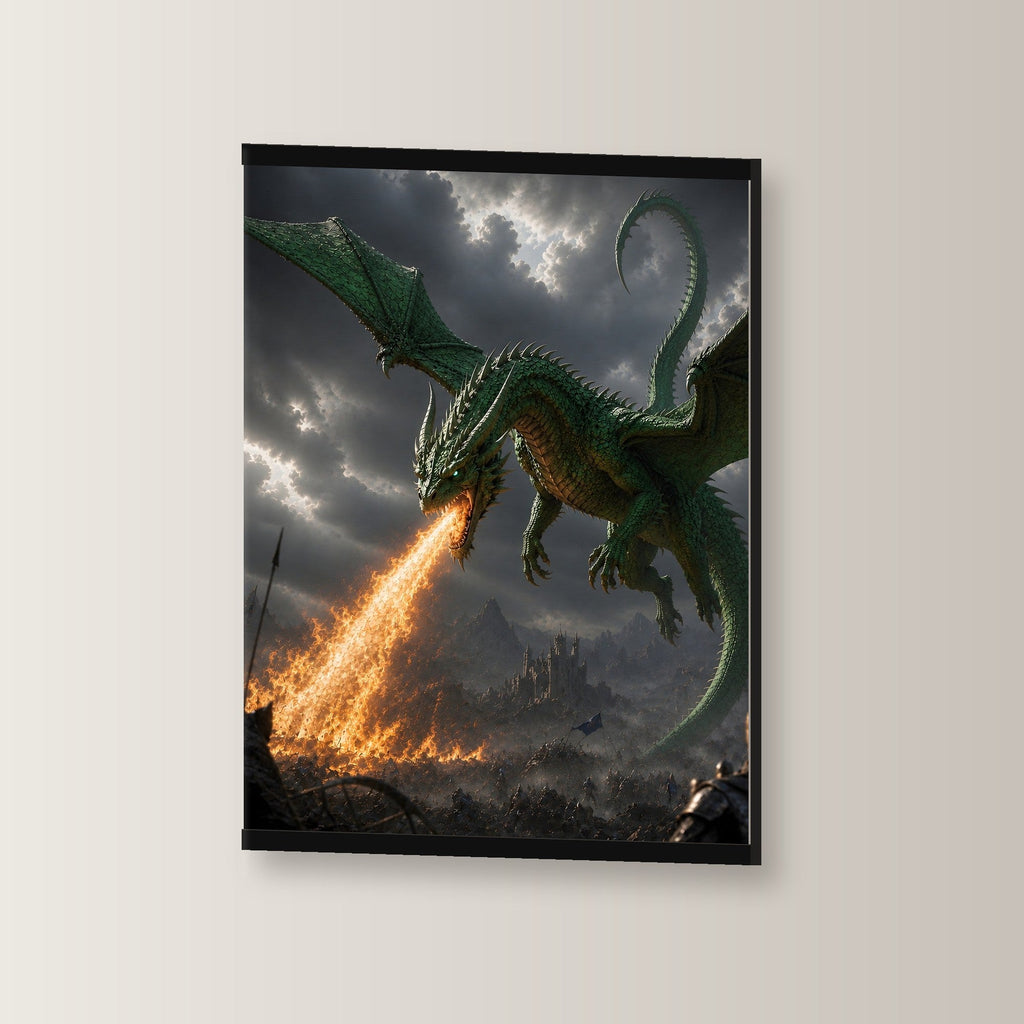 Grünfeuer als Poster mit schwarzer Holzleiste, leicht gedreht an der Wand fotografiert