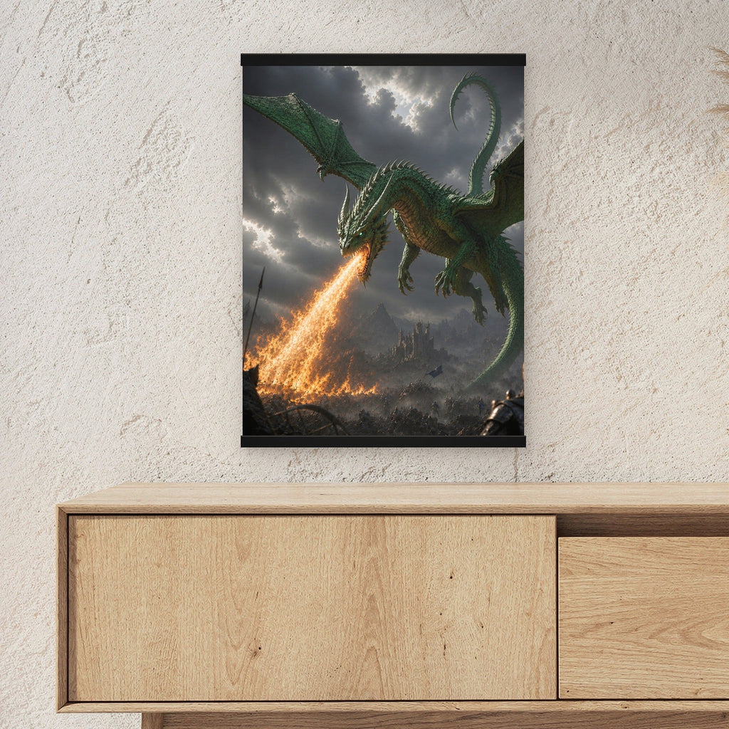 Grünfeuer als Poster mit schwarzer Holzleiste ueber einem Sideboard, zeigt die Groesse im Raum