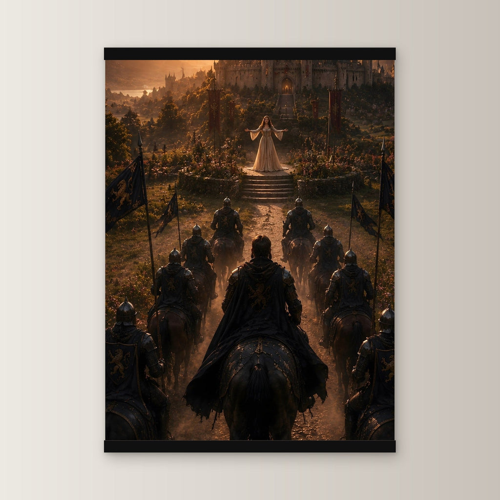 Heimkehr des Königs als Poster mit schwarzer Holzleiste, gerade von vorn an heller Wand