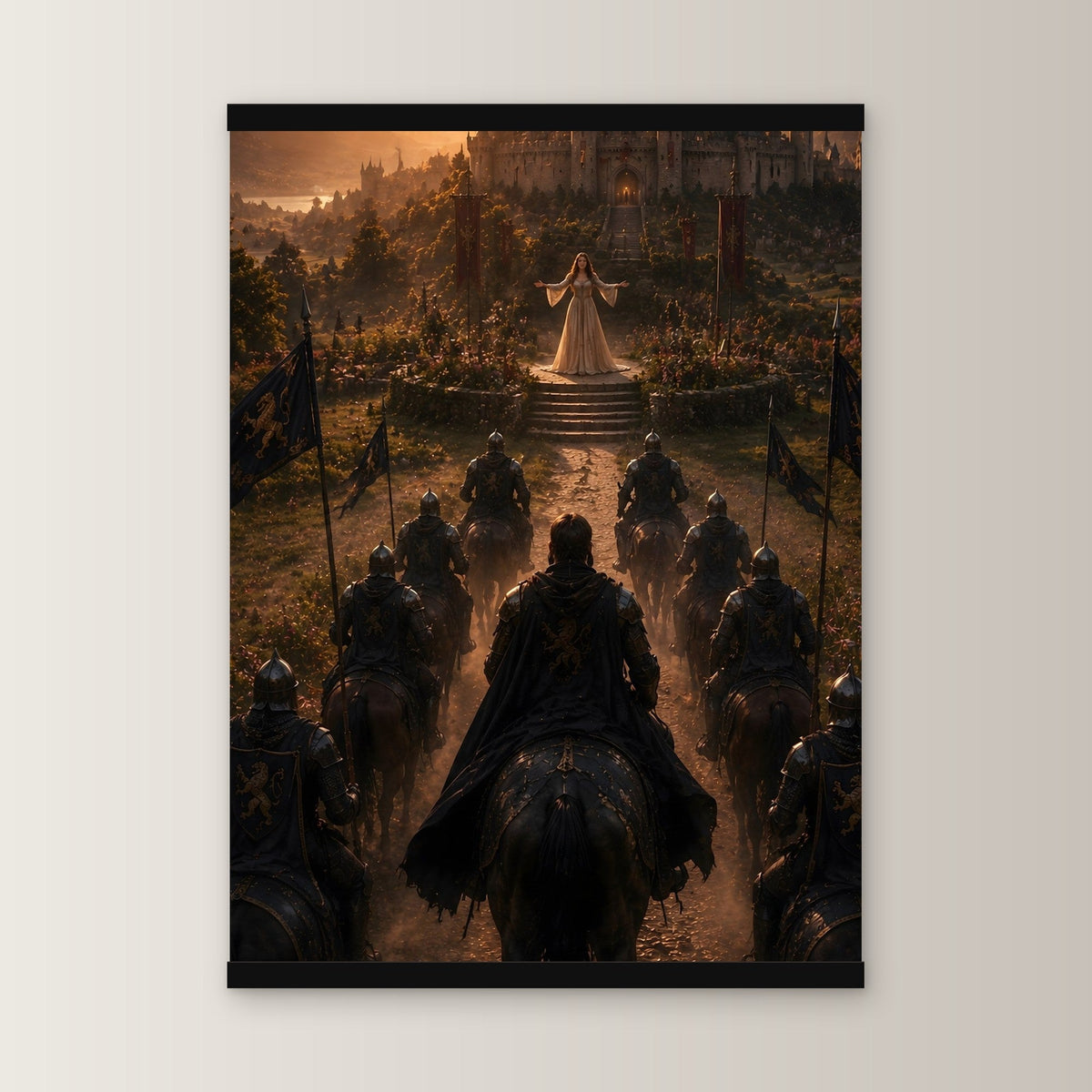 Heimkehr des Königs als Poster mit schwarzer Holzleiste, gerade von vorn an heller Wand