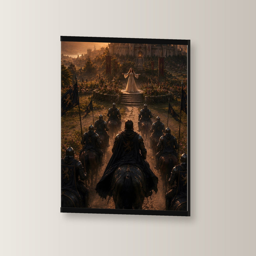 Heimkehr des Königs als Poster mit schwarzer Holzleiste, leicht gedreht an der Wand fotografiert