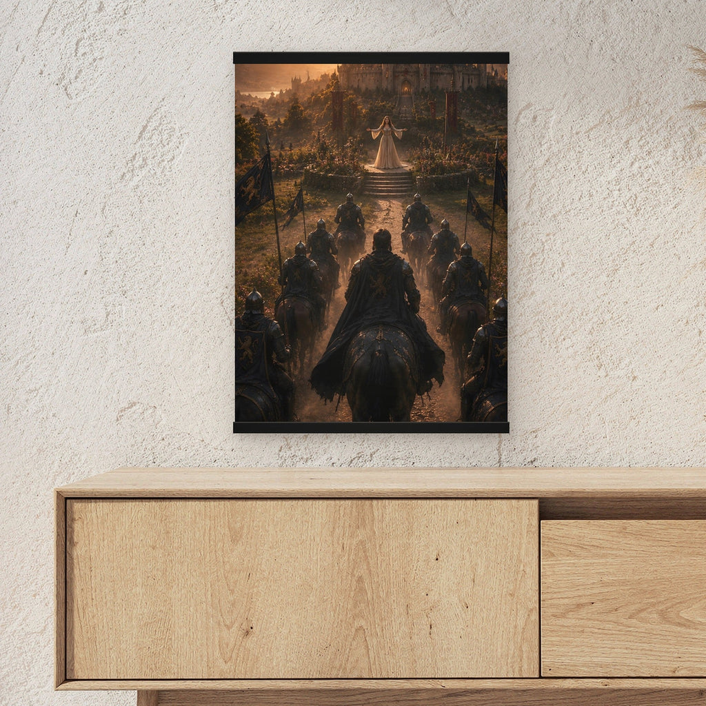 Heimkehr des Königs als Poster mit schwarzer Holzleiste ueber einem Sideboard, zeigt die Groesse im Raum