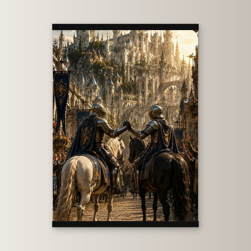 Die Heimkehr der Wächter als Poster mit schwarzer Holzleiste, gerade von vorn an heller Wand