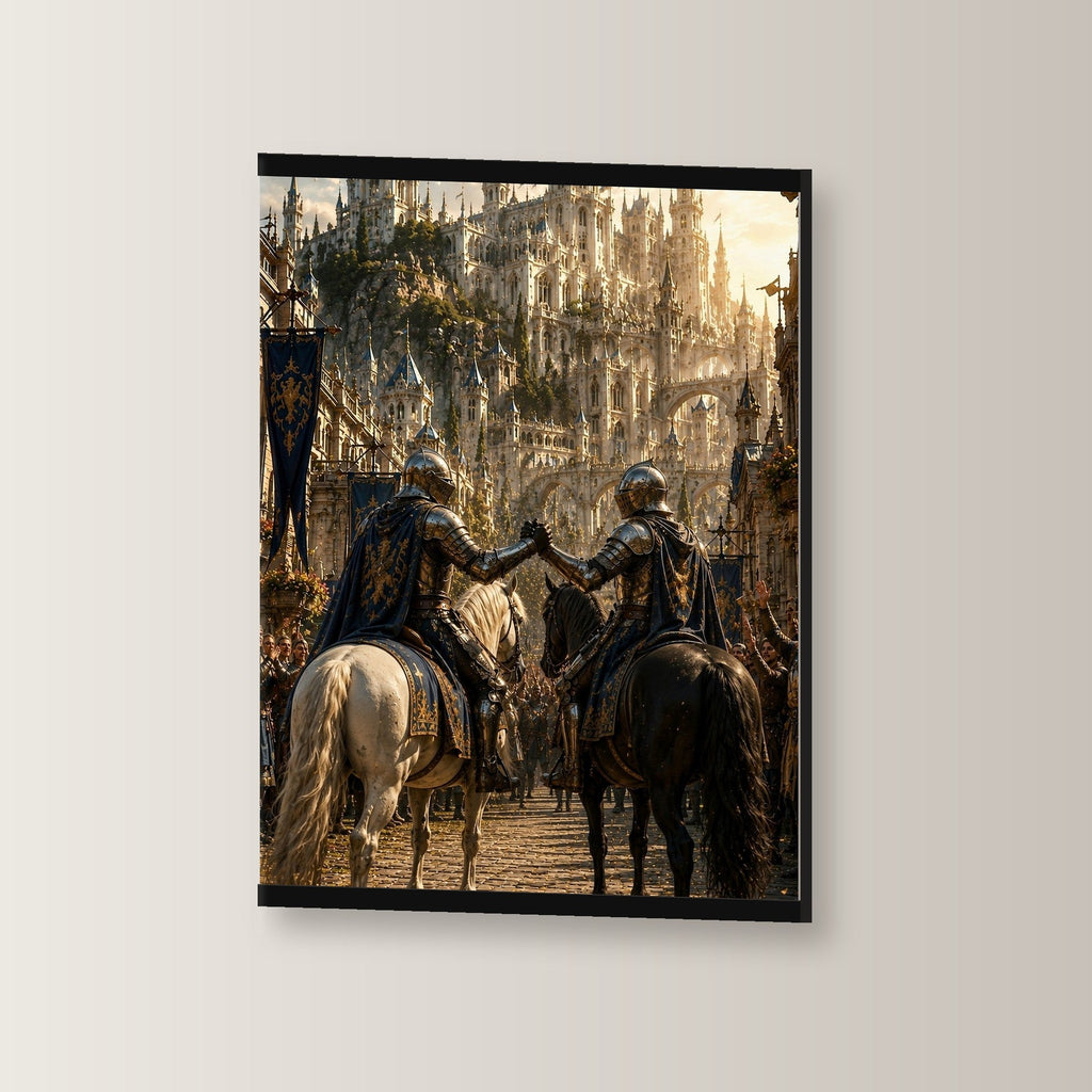 Die Heimkehr der Wächter als Poster mit schwarzer Holzleiste, leicht gedreht an der Wand fotografiert