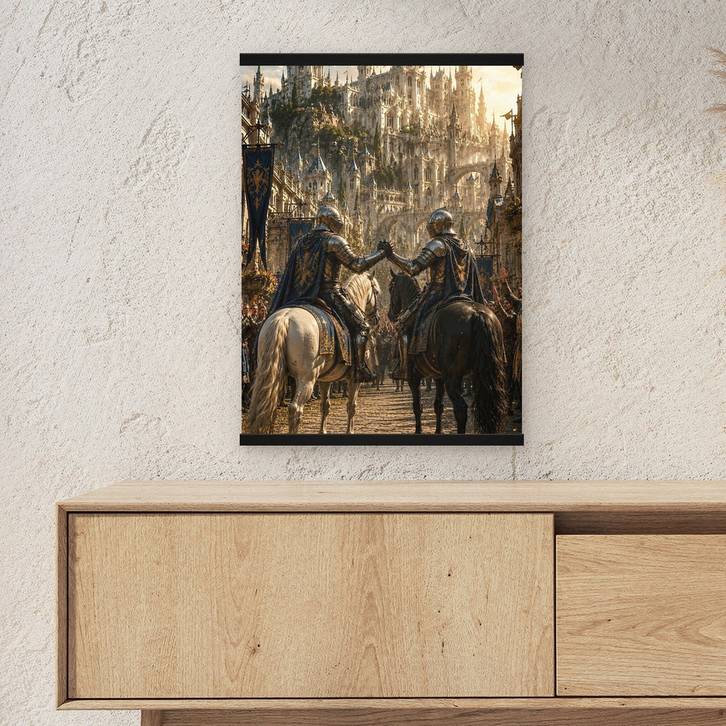 Die Heimkehr der Wächter als Poster mit schwarzer Holzleiste ueber einem Sideboard, zeigt die Groesse im Raum