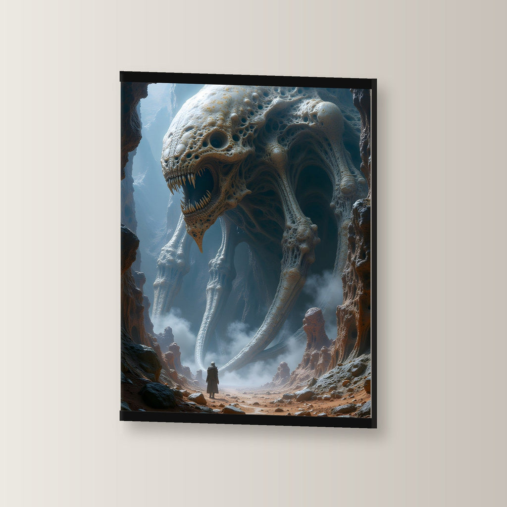 Der Hohle Koloss als Poster mit schwarzer Holzleiste, leicht gedreht an der Wand fotografiert