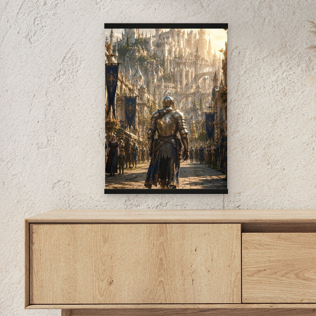 Der Heimkehrer als Poster mit schwarzer Holzleiste ueber einem Sideboard, zeigt die Groesse im Raum