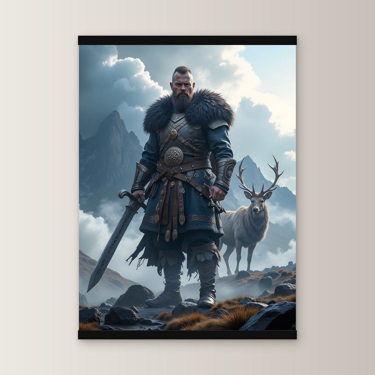 Der Hochlandwächter als Poster mit schwarzer Holzleiste, gerade von vorn an heller Wand