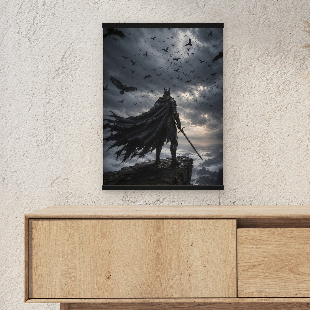 Herr der Raben als Poster mit schwarzer Holzleiste ueber einem Sideboard, zeigt die Groesse im Raum