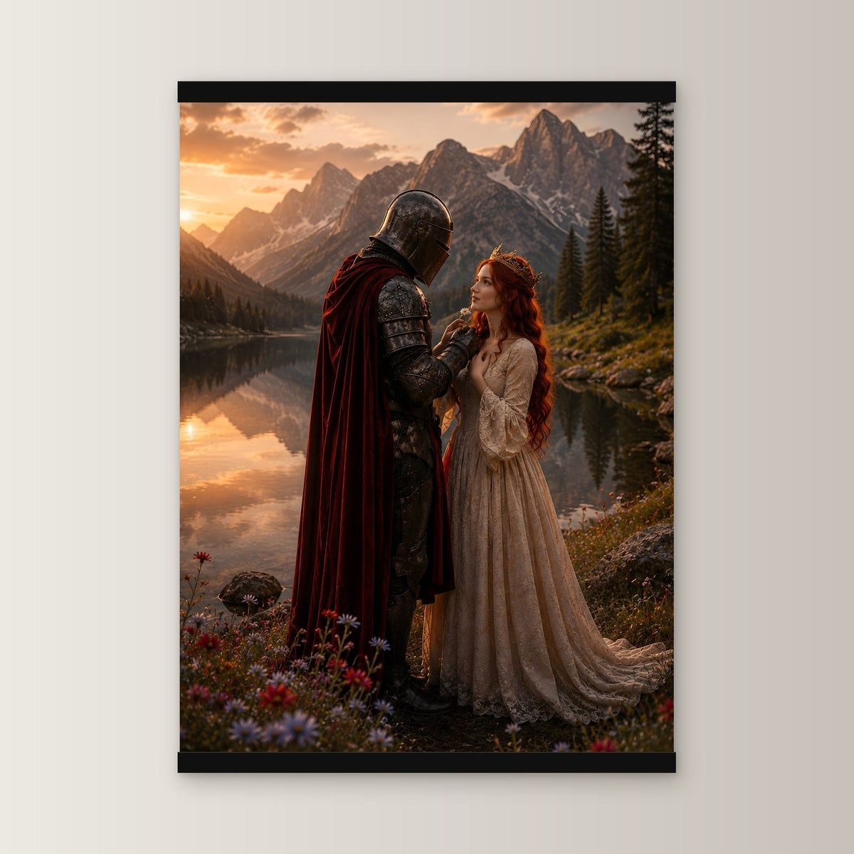 Im Abendrot als Poster mit schwarzer Holzleiste, gerade von vorn an heller Wand