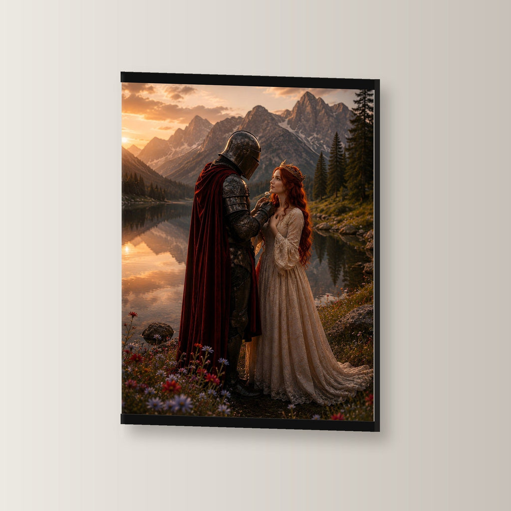 Im Abendrot als Poster mit schwarzer Holzleiste, leicht gedreht an der Wand fotografiert