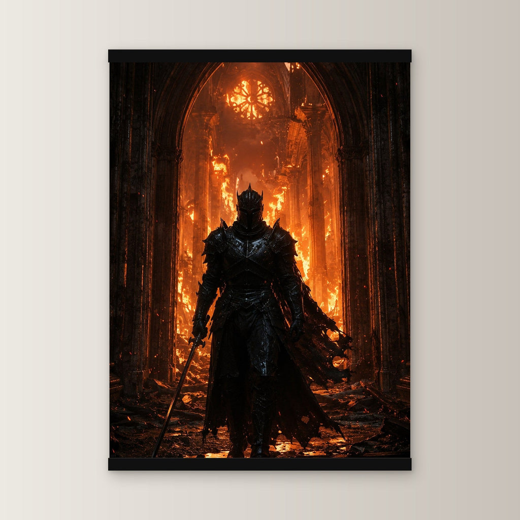 Das Inferno als Poster mit schwarzer Holzleiste, gerade von vorn an heller Wand