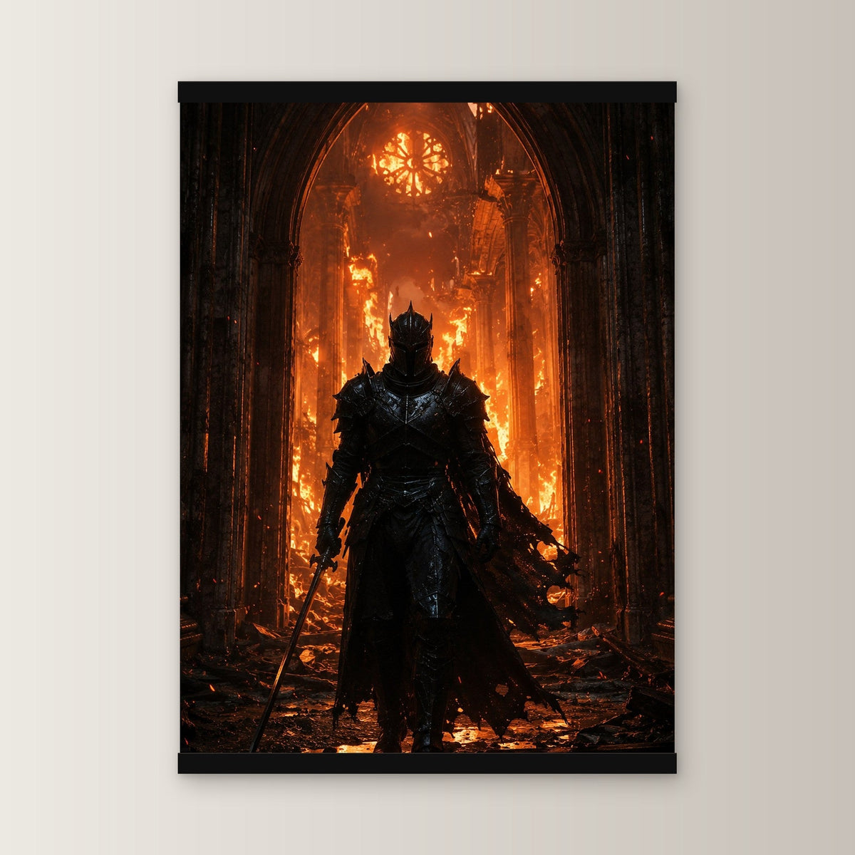 Das Inferno als Poster mit schwarzer Holzleiste, gerade von vorn an heller Wand