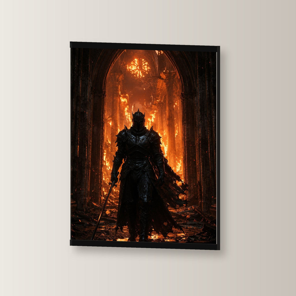 Das Inferno als Poster mit schwarzer Holzleiste, leicht gedreht an der Wand fotografiert