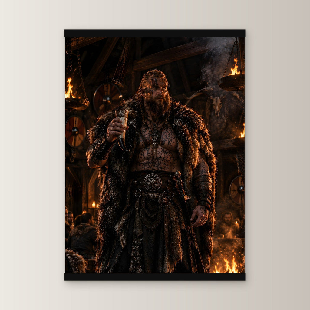 Der Jarl als Poster mit schwarzer Holzleiste, gerade von vorn an heller Wand