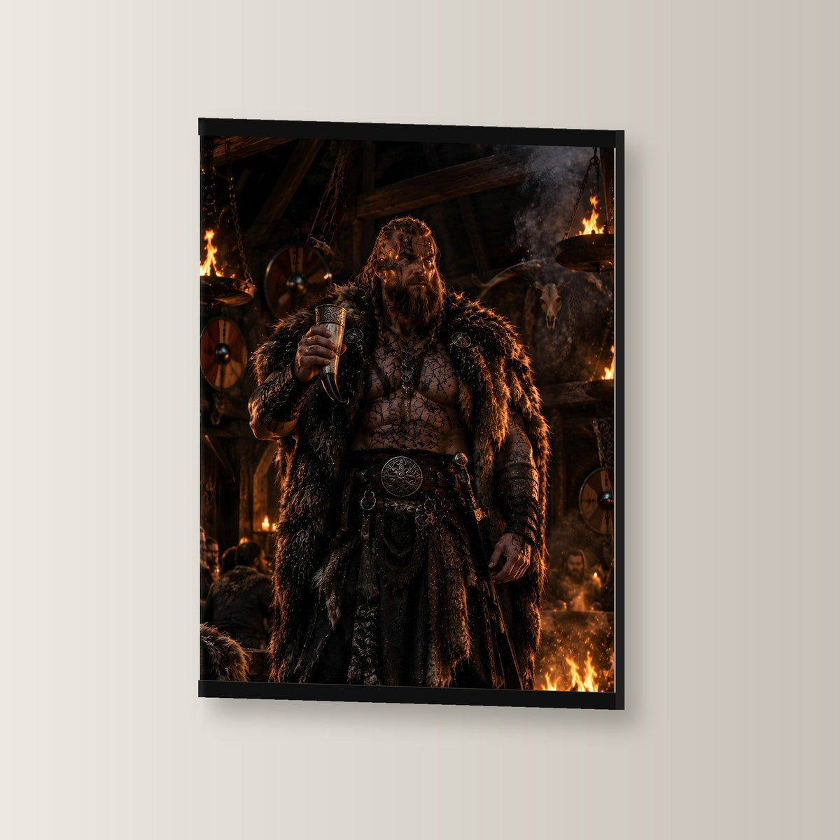 Der Jarl als Poster mit schwarzer Holzleiste, leicht gedreht an der Wand fotografiert