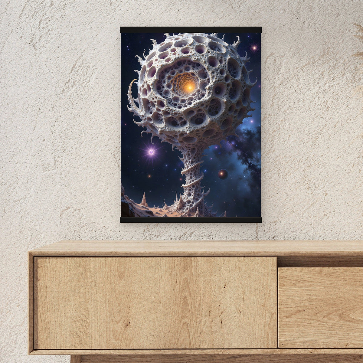 Die Konfluenz als Poster mit schwarzer Holzleiste ueber einem Sideboard, zeigt die Groesse im Raum