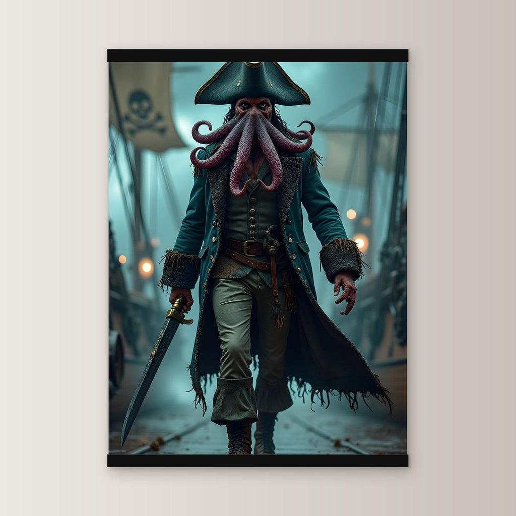 Der Krakenkapitän als Poster mit schwarzer Holzleiste, gerade von vorn an heller Wand