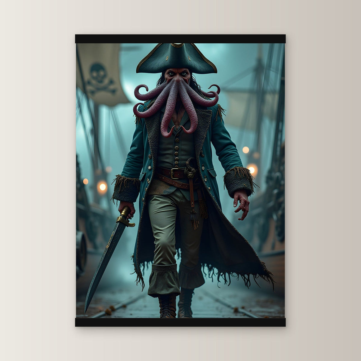 Der Krakenkapitän als Poster mit schwarzer Holzleiste, gerade von vorn an heller Wand