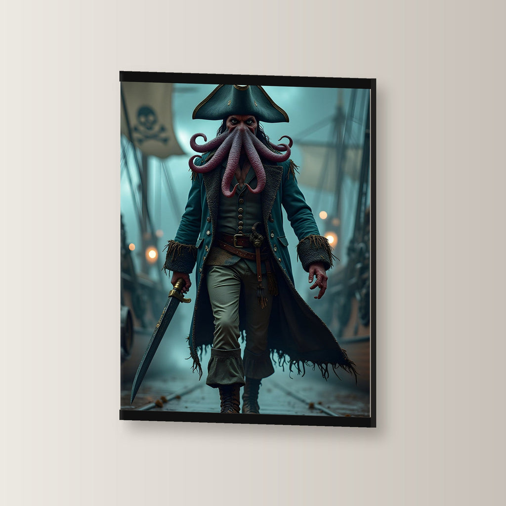 Der Krakenkapitän als Poster mit schwarzer Holzleiste, leicht gedreht an der Wand fotografiert