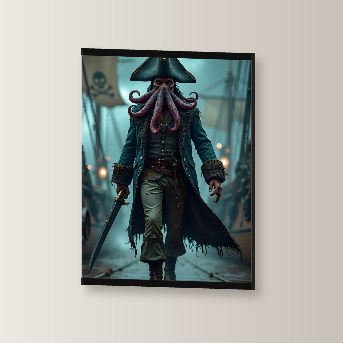 Der Krakenkapitän als Poster mit schwarzer Holzleiste, leicht gedreht an der Wand fotografiert
