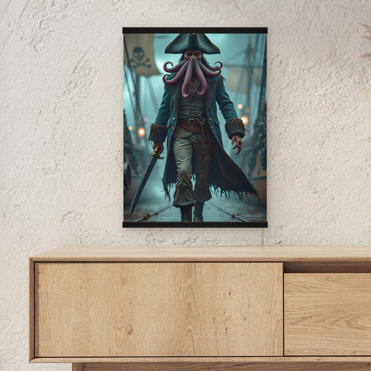 Der Krakenkapitän als Poster mit schwarzer Holzleiste ueber einem Sideboard, zeigt die Groesse im Raum