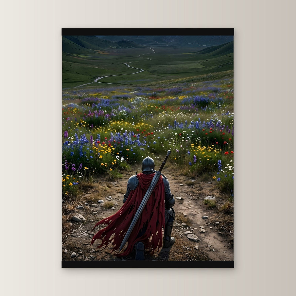 Der Kniefall als Poster mit schwarzer Holzleiste, gerade von vorn an heller Wand