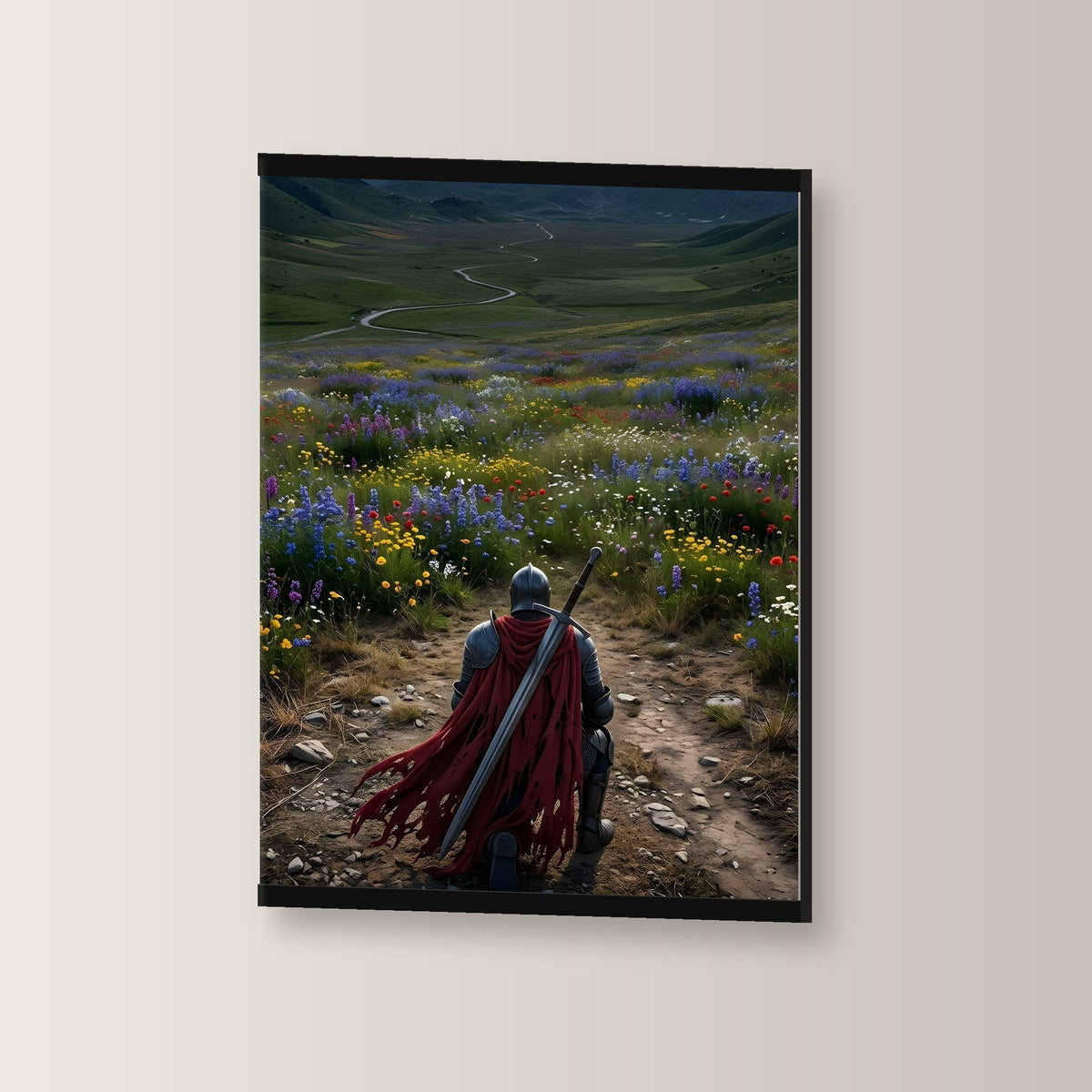 Der Kniefall als Poster mit schwarzer Holzleiste, leicht gedreht an der Wand fotografiert