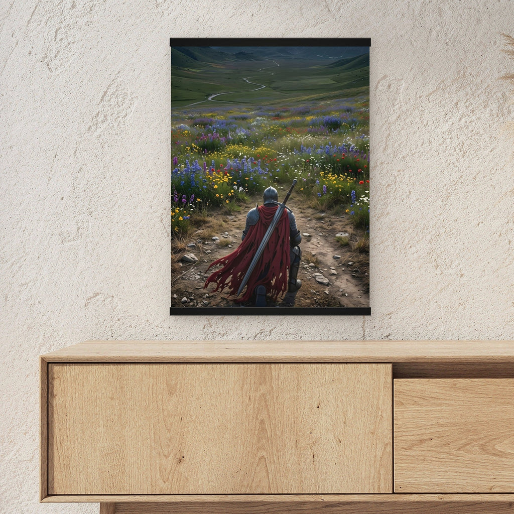 Der Kniefall als Poster mit schwarzer Holzleiste ueber einem Sideboard, zeigt die Groesse im Raum