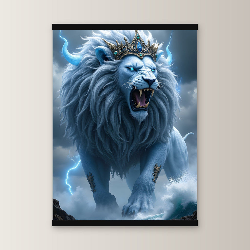 Der Kronenlöwe als Poster mit schwarzer Holzleiste, gerade von vorn an heller Wand