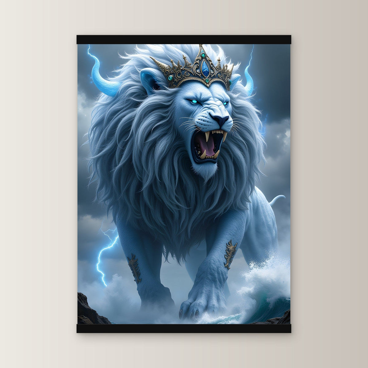 Der Kronenlöwe als Poster mit schwarzer Holzleiste, gerade von vorn an heller Wand