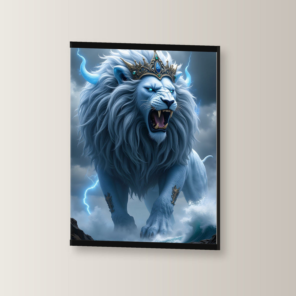 Der Kronenlöwe als Poster mit schwarzer Holzleiste, leicht gedreht an der Wand fotografiert